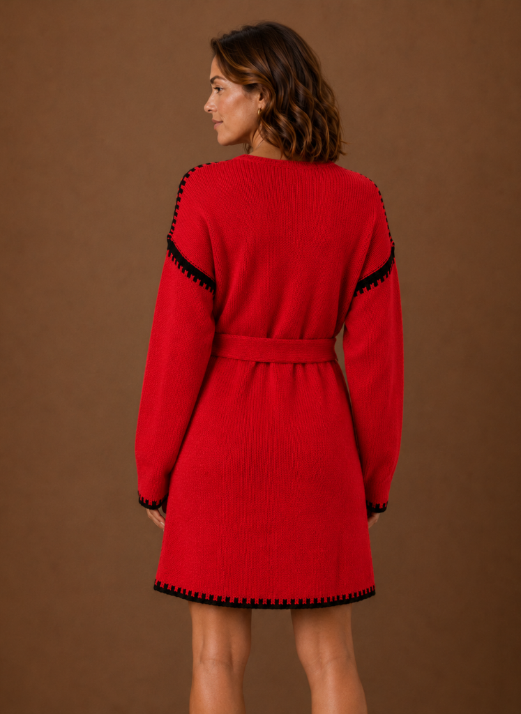 Kvinders V-hals Strik Sweater Kjole med Talje Bælte | Areleon