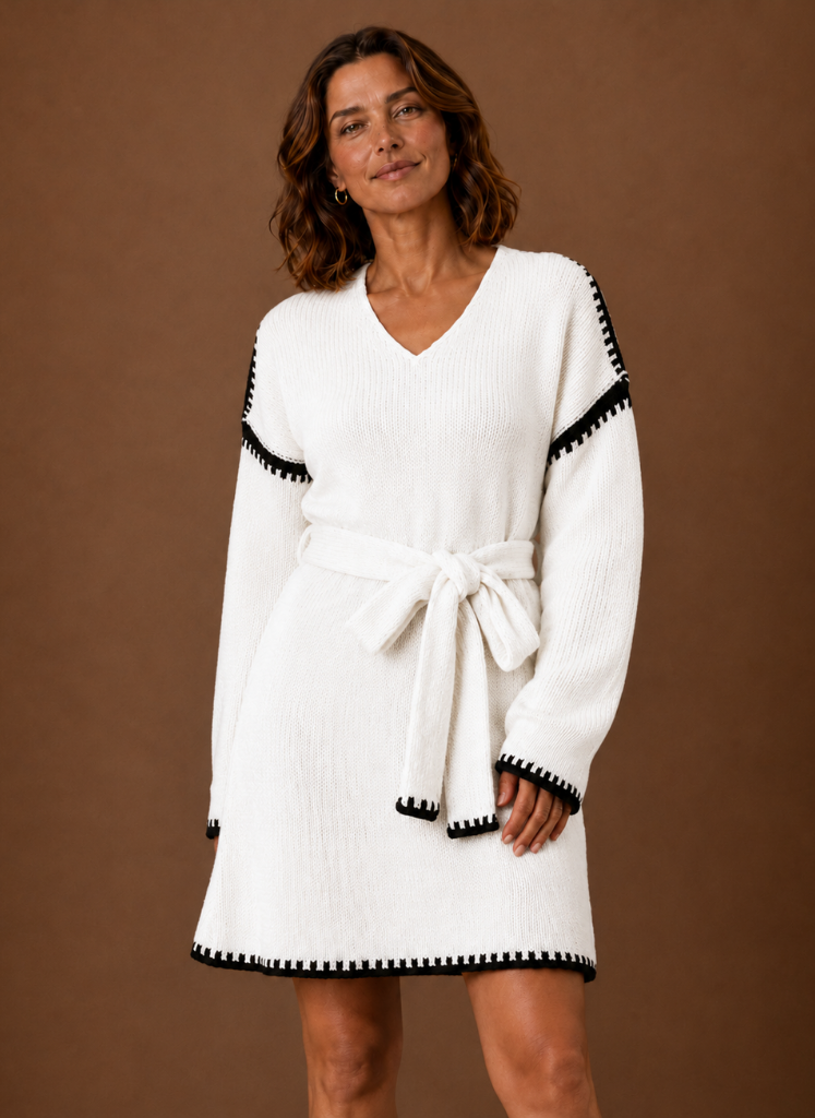 Kvinders V-hals Strik Sweater Kjole med Talje Bælte | Areleon