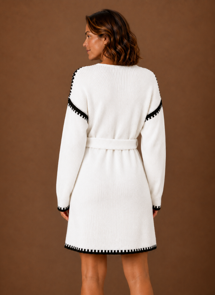Kvinders V-hals Strik Sweater Kjole med Talje Bælte | Areleon