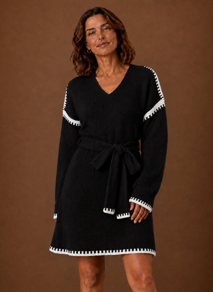 Kvinders V-hals Strik Sweater Kjole med Talje Bælte | Areleon
