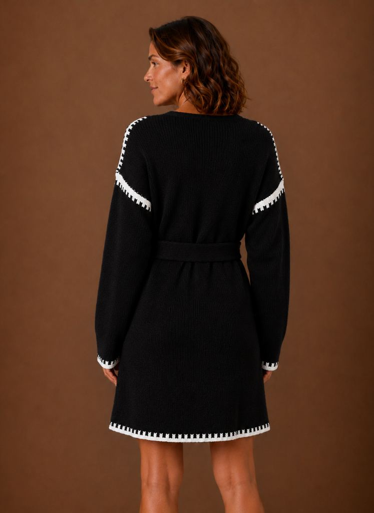 Kvinders V-hals Strik Sweater Kjole med Talje Bælte | Areleon