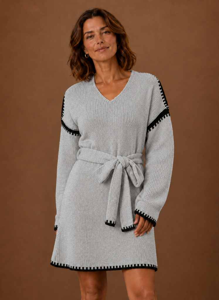 Kvinders V-hals Strik Sweater Kjole med Talje Bælte | Areleon