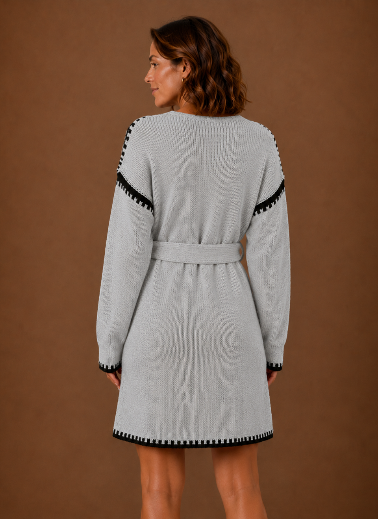 Kvinders V-hals Strik Sweater Kjole med Talje Bælte | Areleon