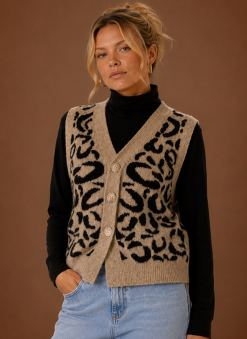 Leopardprint Sweater Vest til Kvinder - Knapfront | Areleon