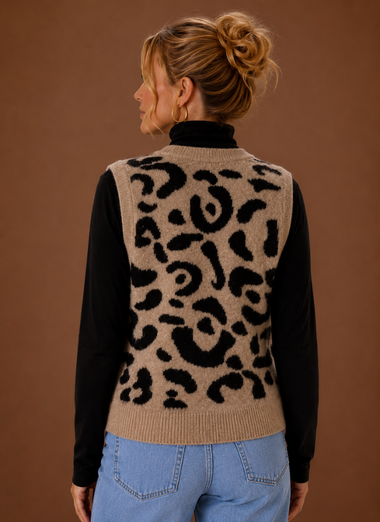Leopardprint Sweater Vest til Kvinder - Knapfront | Areleon