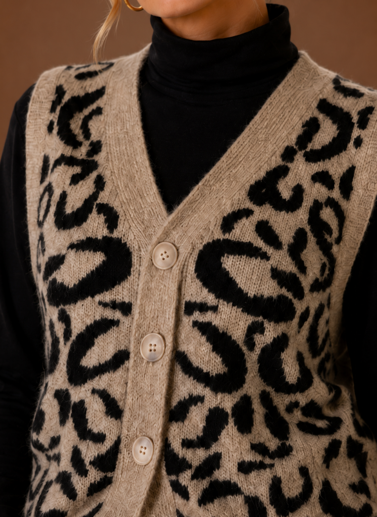 Leopardprint Sweater Vest til Kvinder - Knapfront | Areleon