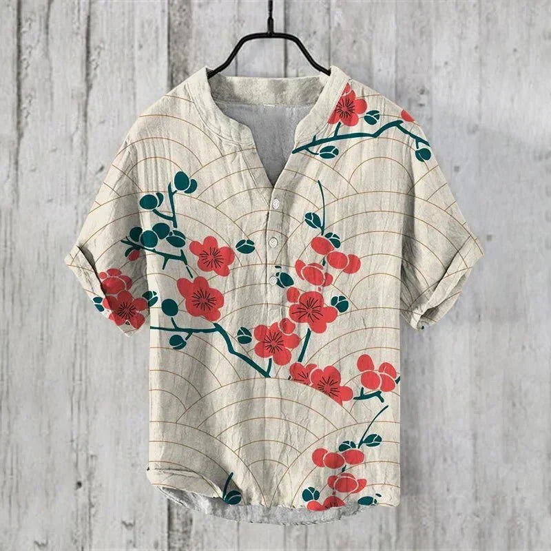 Herre Linned Bomulds Skjorte Åndbar Letvægts Kunstnerisk Print Stilfuld Sommer Casual Ferie Tøj