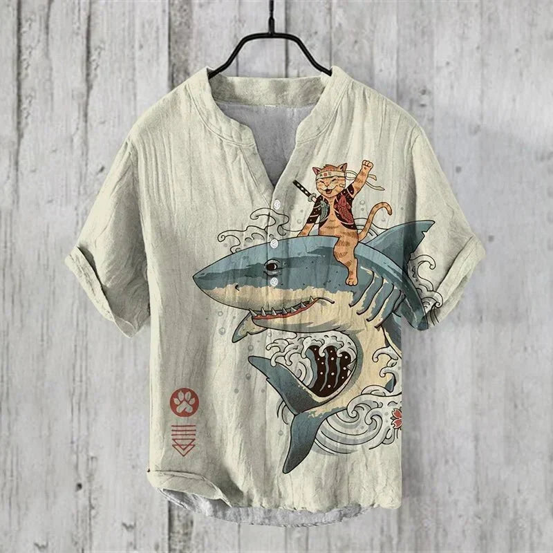 Herre Linned Bomulds Skjorte Åndbar Letvægts Kunstnerisk Print Stilfuld Sommer Casual Ferie Tøj