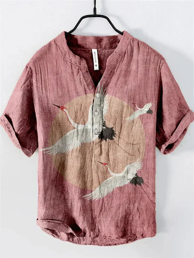 Herre Linned Bomulds Skjorte Åndbar Letvægts Kunstnerisk Print Stilfuld Sommer Casual Ferie Tøj