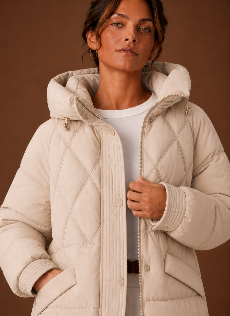 Dame Puffer Jakke - Hætte Langline Diamant Quiltning | Areleon
