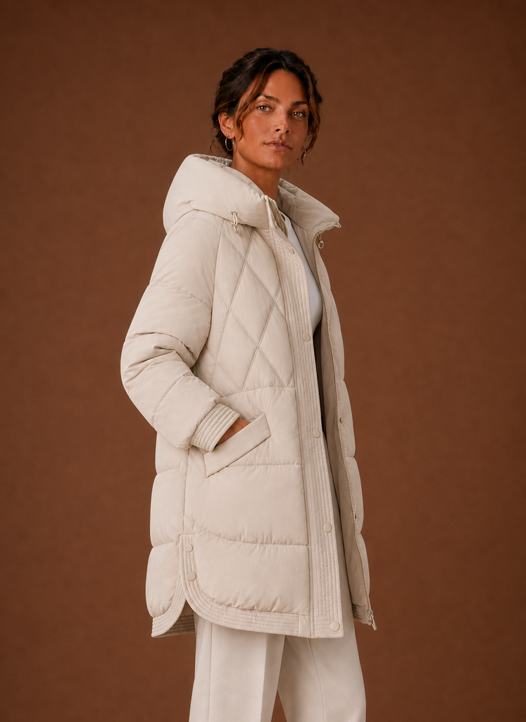 Dame Puffer Jakke - Hætte Langline Diamant Quiltning | Areleon