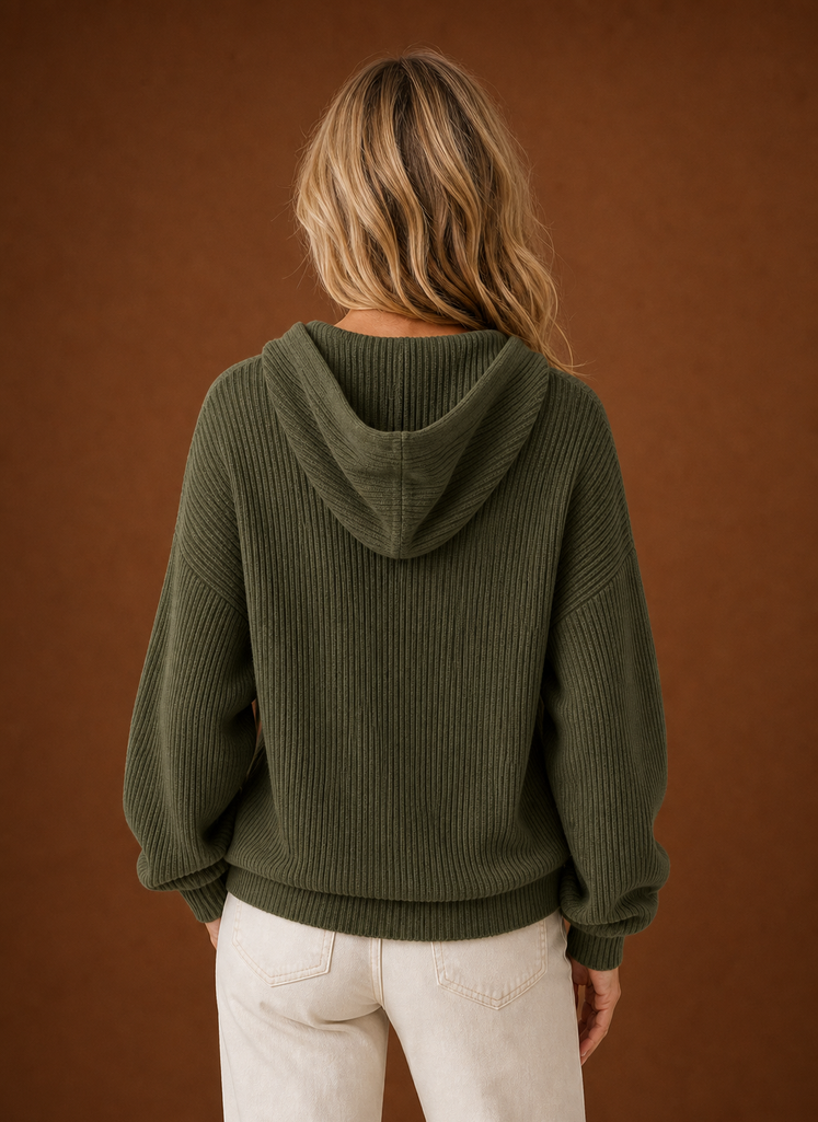 Dame Strikket Cardigan - Ribbet Hætteknap Sweater | Areleon