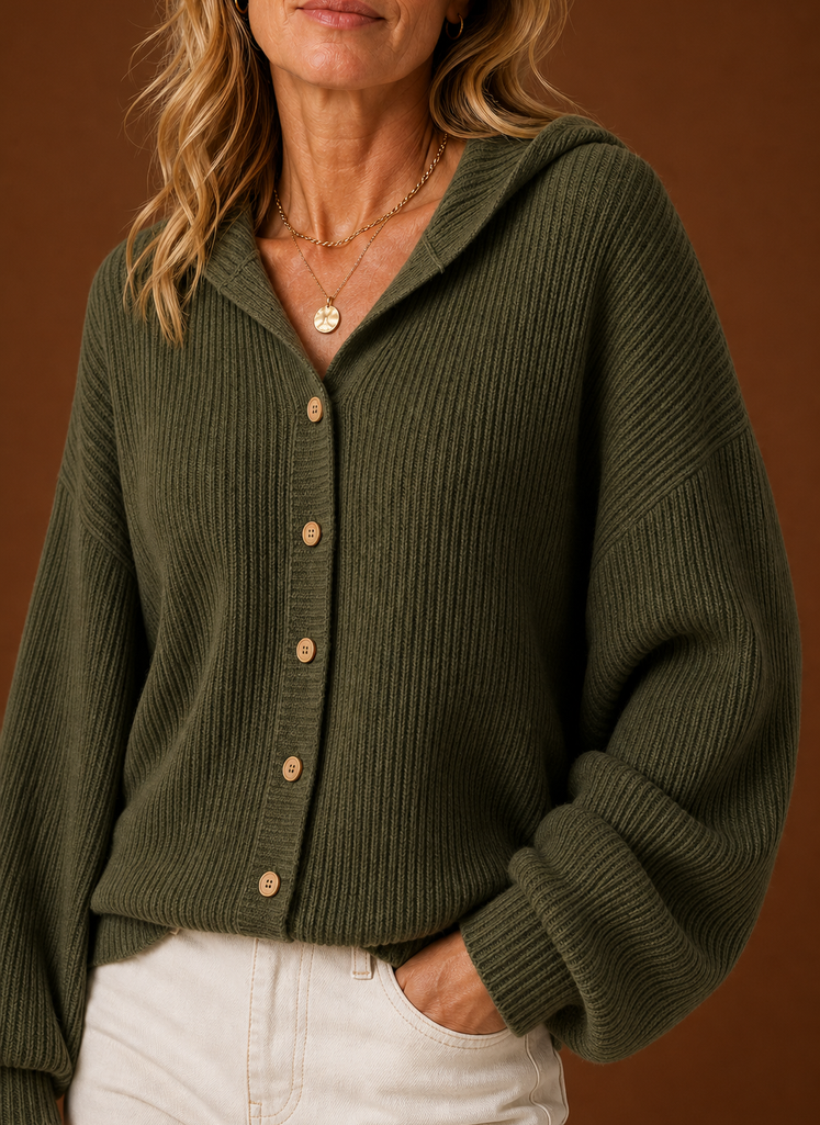 Dame Strikket Cardigan - Ribbet Hætteknap Sweater | Areleon