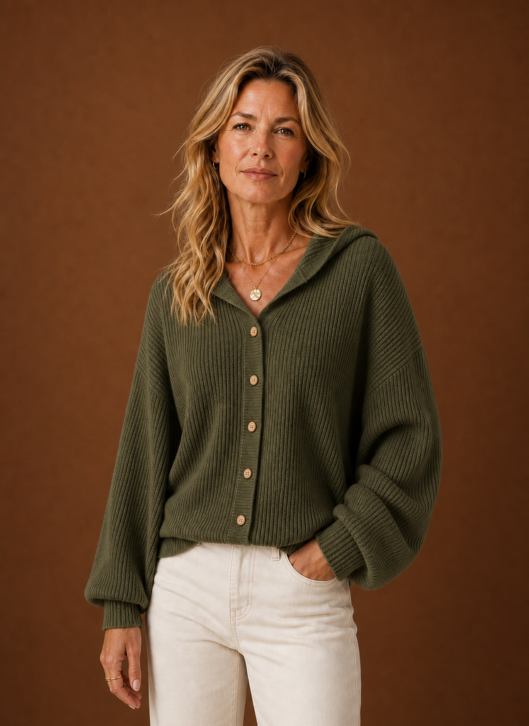 Dame Strikket Cardigan - Ribbet Hætteknap Sweater | Areleon