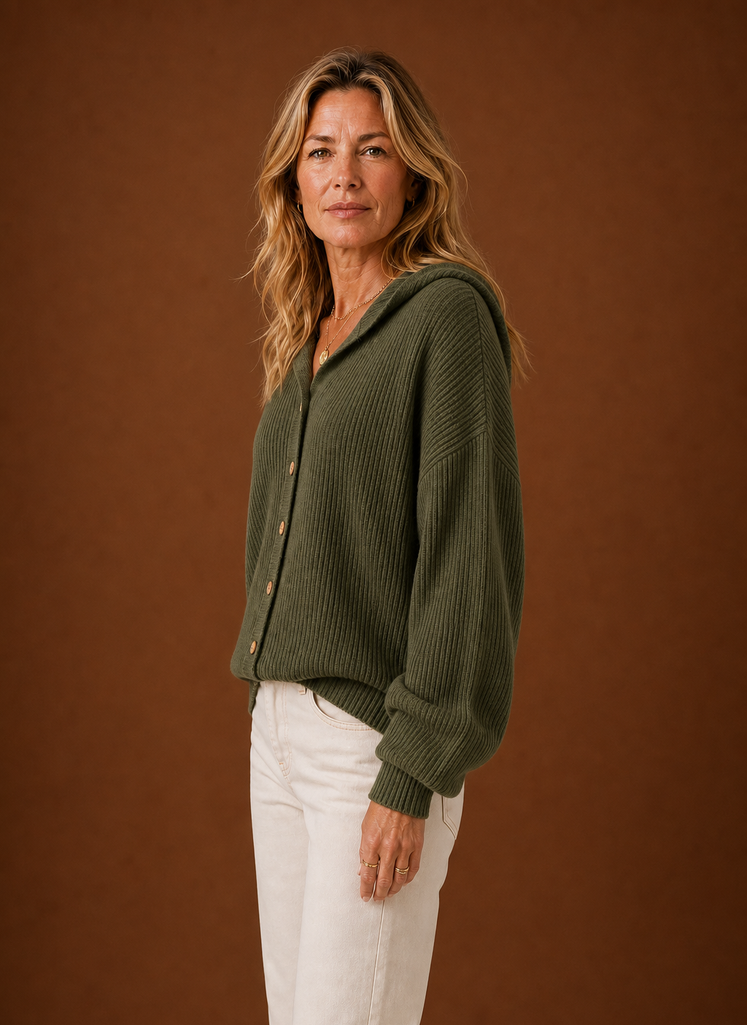 Dame Strikket Cardigan - Ribbet Hætteknap Sweater | Areleon
