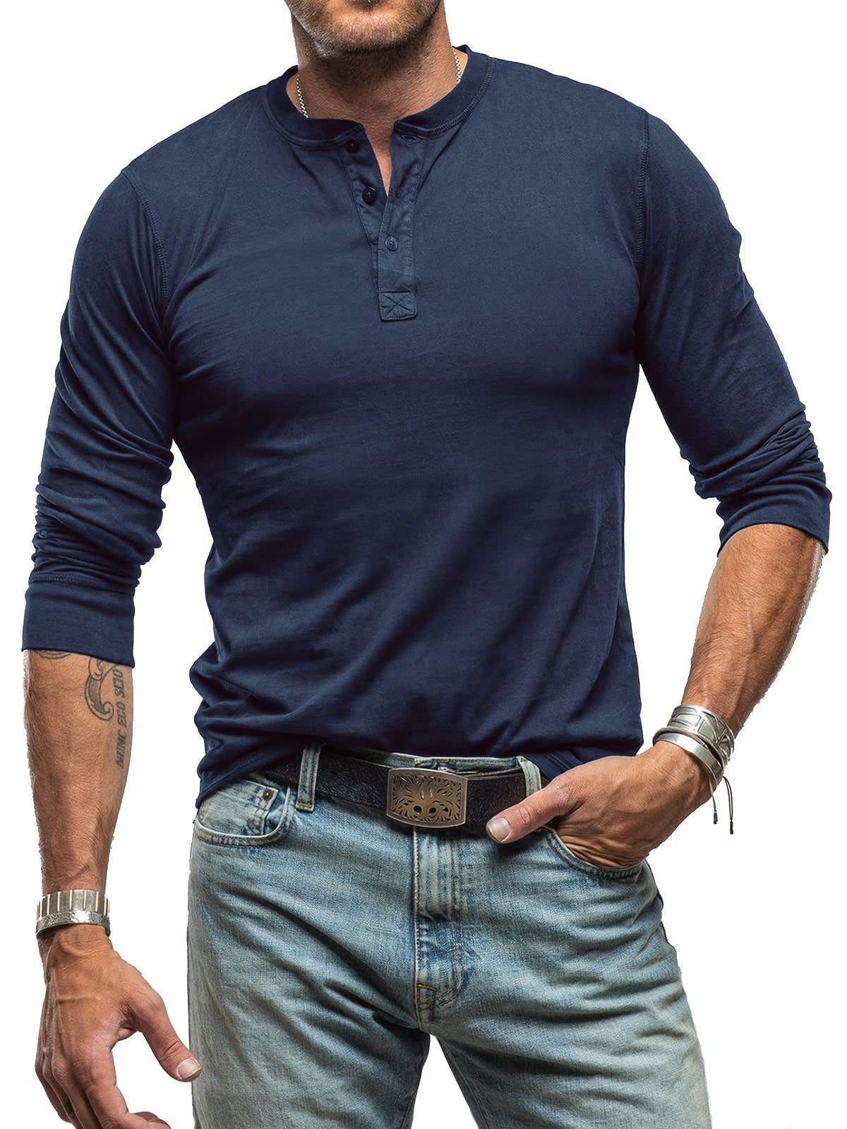 Herres Langærmet Henley T-Shirt – Stretch Casual Lag til Hverdagsbrug