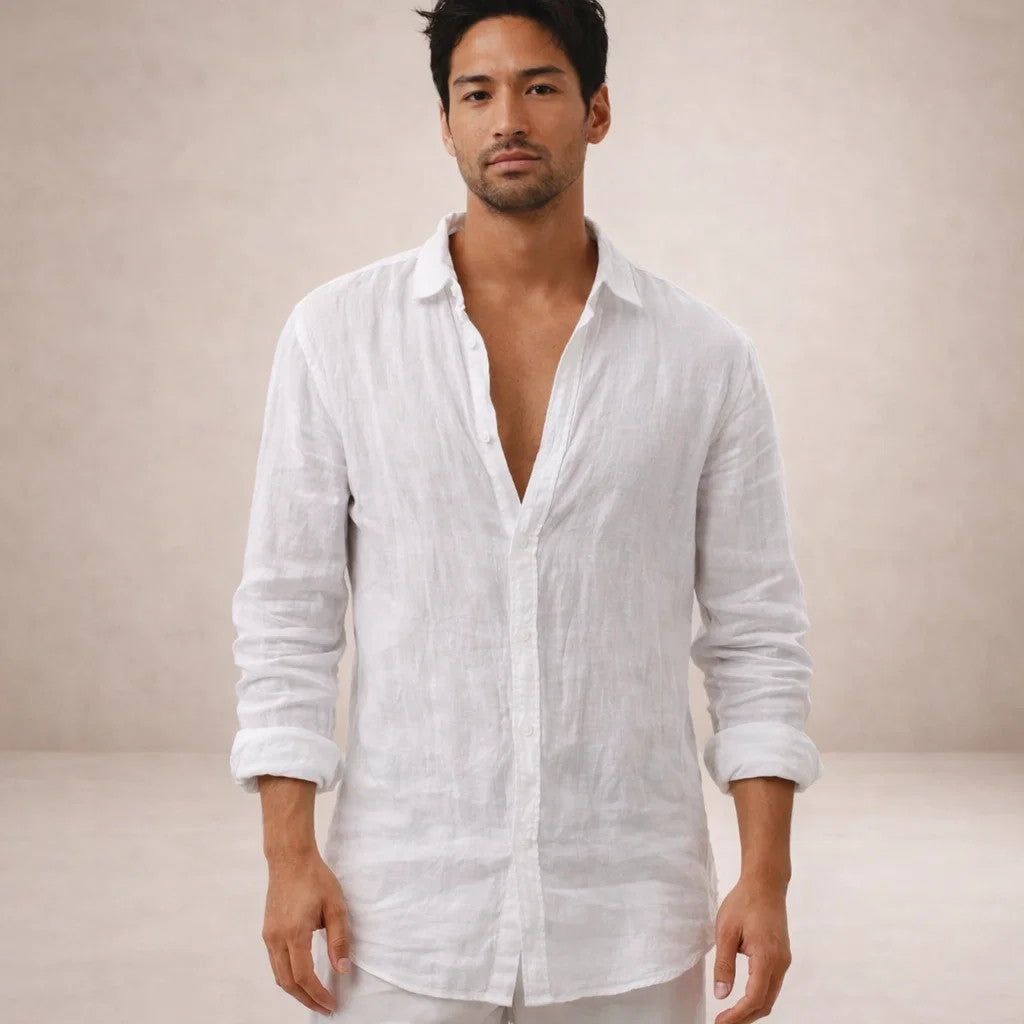 Herre Regular Fit Linned Knap-Ned Casual Skjorte