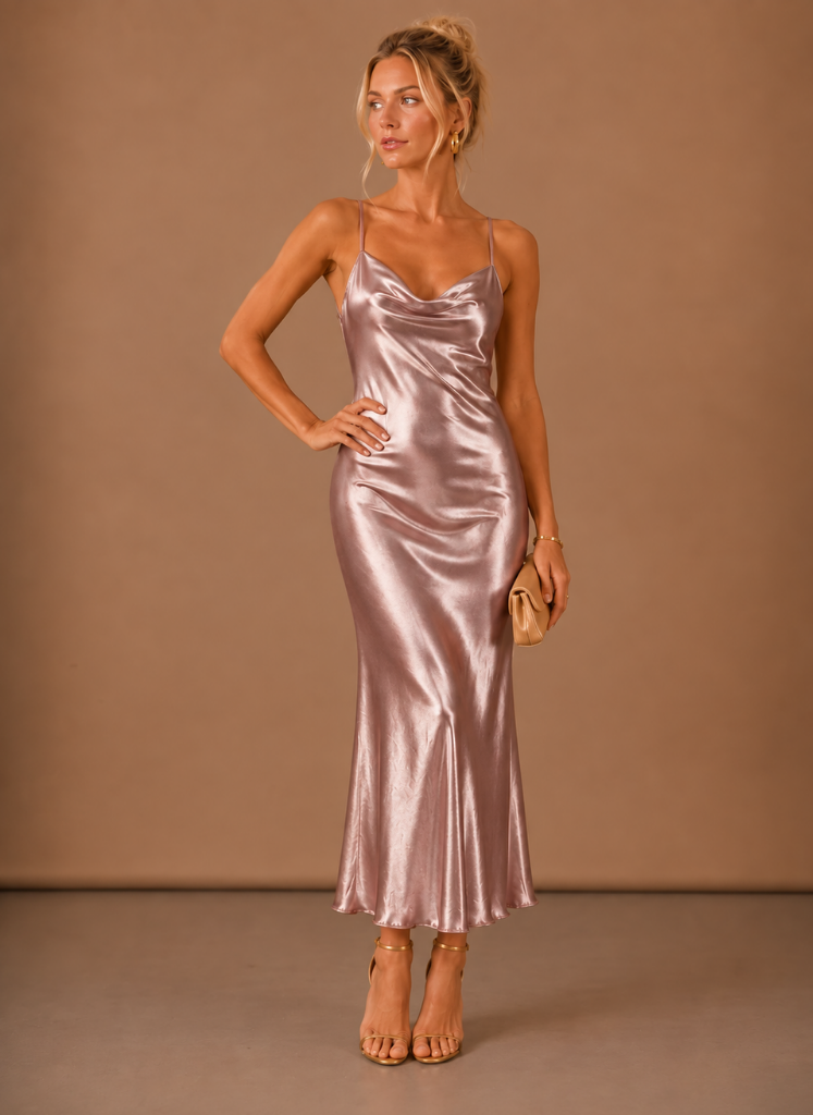 Kvinders Satin Cowl Neck Midi Kjole – Elegant Aften Anledning | Areleon