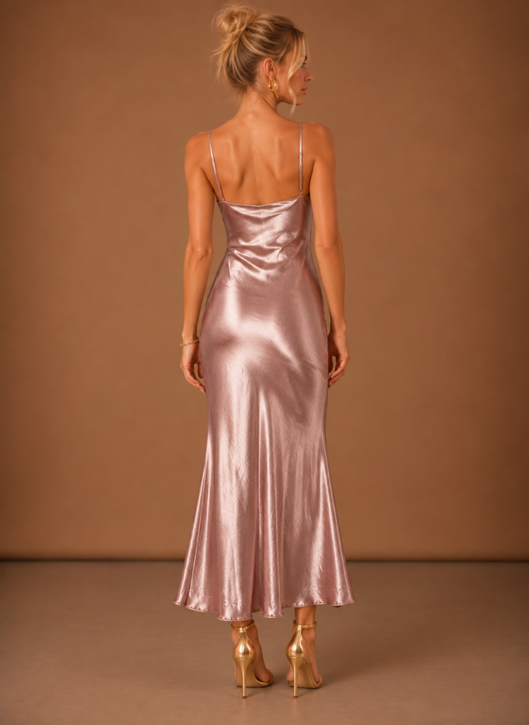Kvinders Satin Cowl Neck Midi Kjole – Elegant Aften Anledning | Areleon