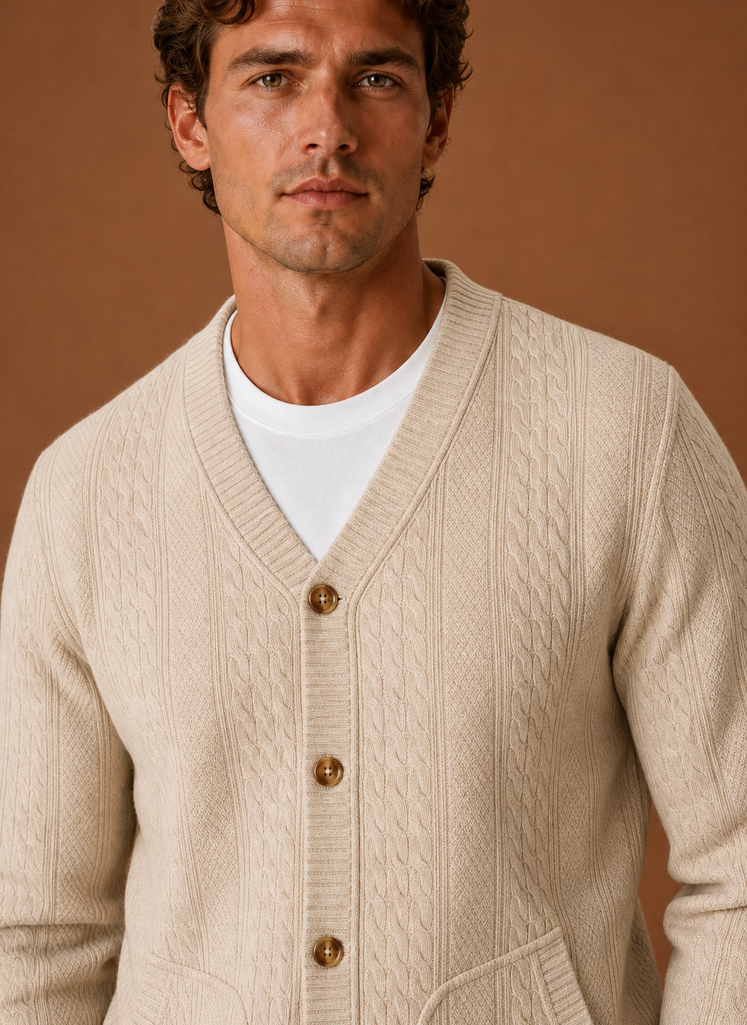 Herre Kabelstrikket Cardigan - V-Hals Knap Front Sweater | Areleon