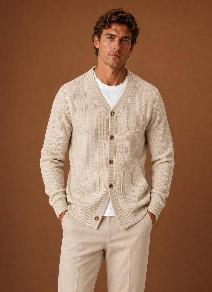 Herre Kabelstrikket Cardigan - V-Hals Knap Front Sweater | Areleon