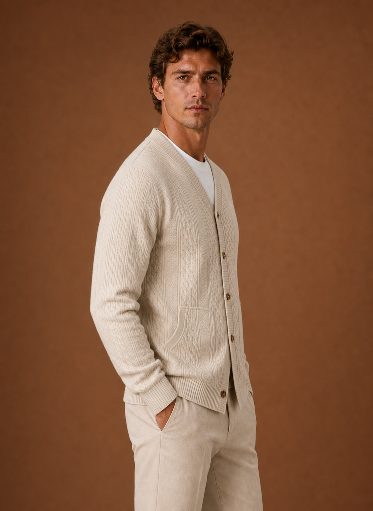 Herre Kabelstrikket Cardigan - V-Hals Knap Front Sweater | Areleon