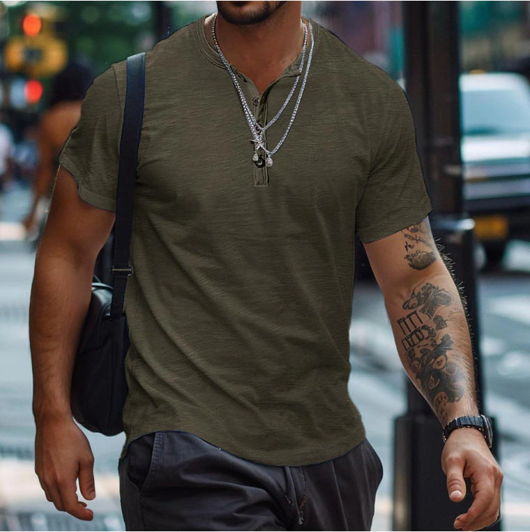 Herre Textured Button Neck Afslappet Fit Kortærmet Polo Shirt