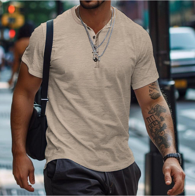 Herre Textured Button Neck Afslappet Fit Kortærmet Polo Shirt