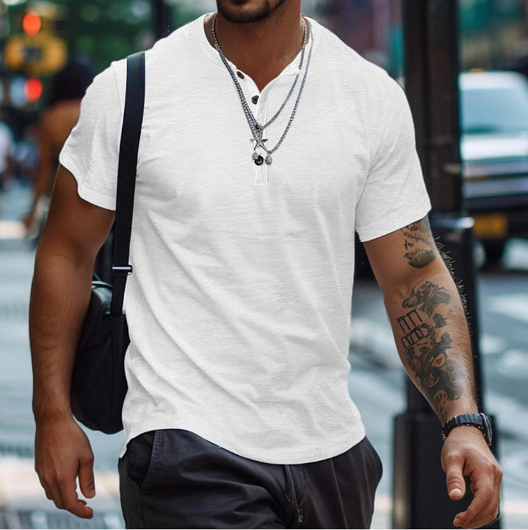 Herre Textured Button Neck Afslappet Fit Kortærmet Polo Shirt