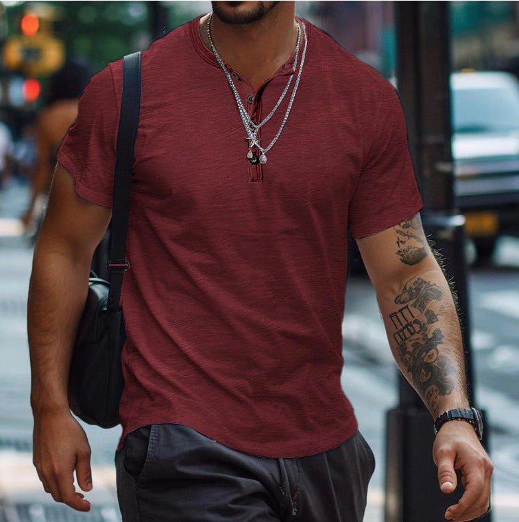 Herre Textured Button Neck Afslappet Fit Kortærmet Polo Shirt