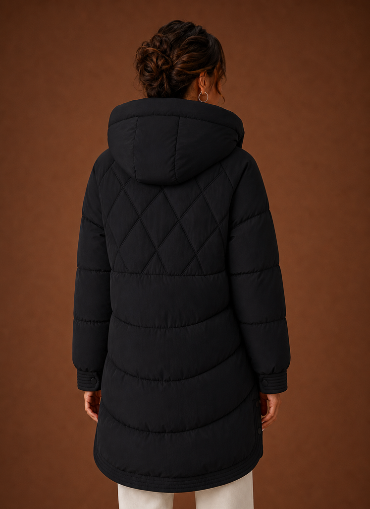 Dame Puffer Jakke - Hætte Langline Diamant Quiltning | Areleon