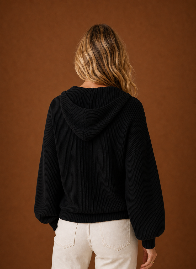 Dame Strikket Cardigan - Ribbet Hætteknap Sweater | Areleon