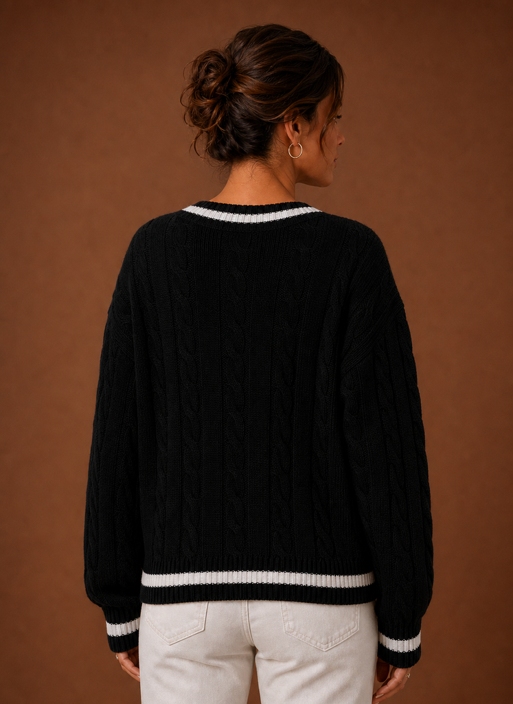 Kvinders Kabelstrikket Sweater - V-Hals Langærmet Pullover | Areleon
