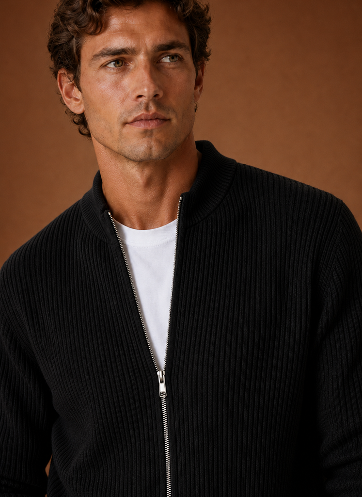 Herre Full Zip Strik Cardigan Sweater Ribbet Zip-Up Jakke | Areleon