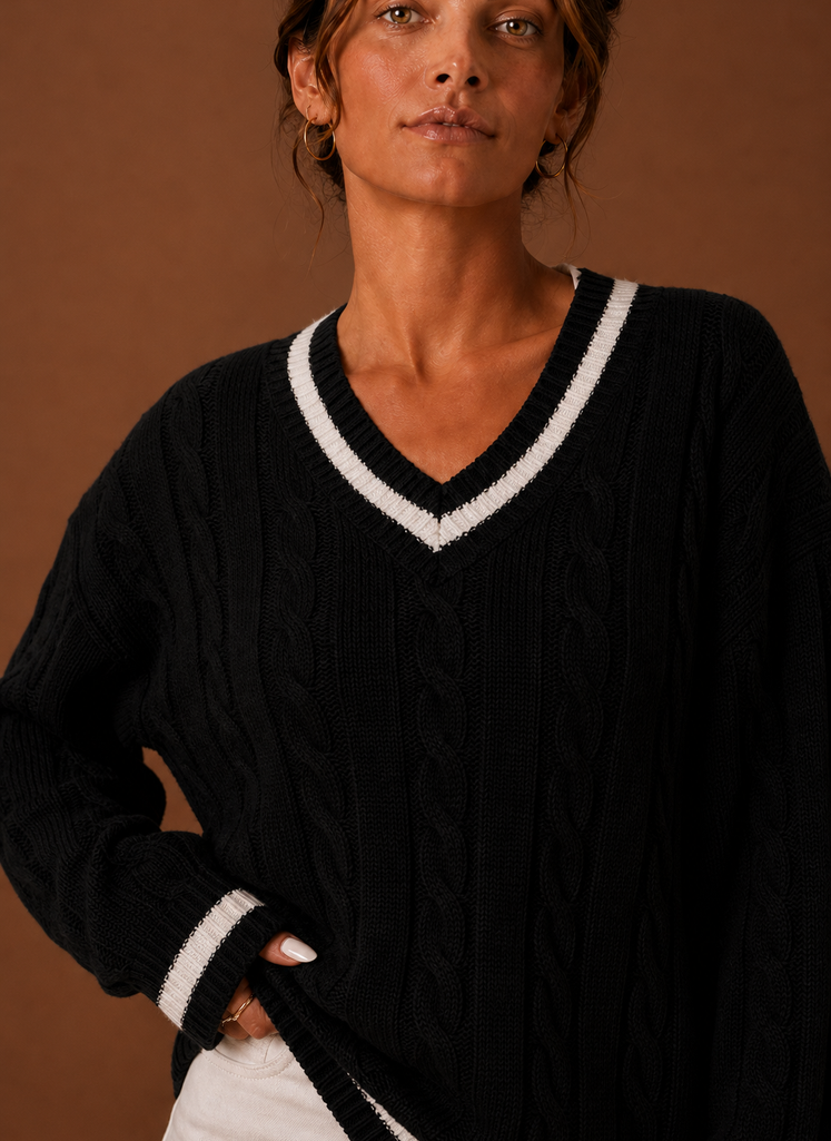 Kvinders Kabelstrikket Sweater - V-Hals Langærmet Pullover | Areleon