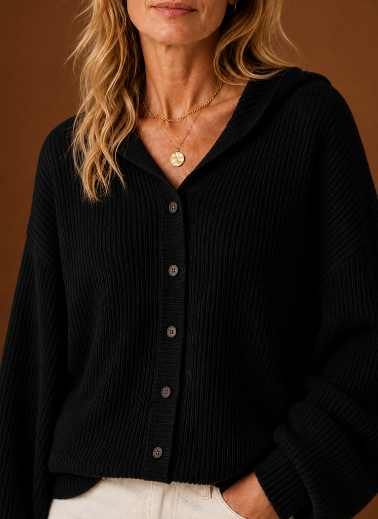 Dame Strikket Cardigan - Ribbet Hætteknap Sweater | Areleon