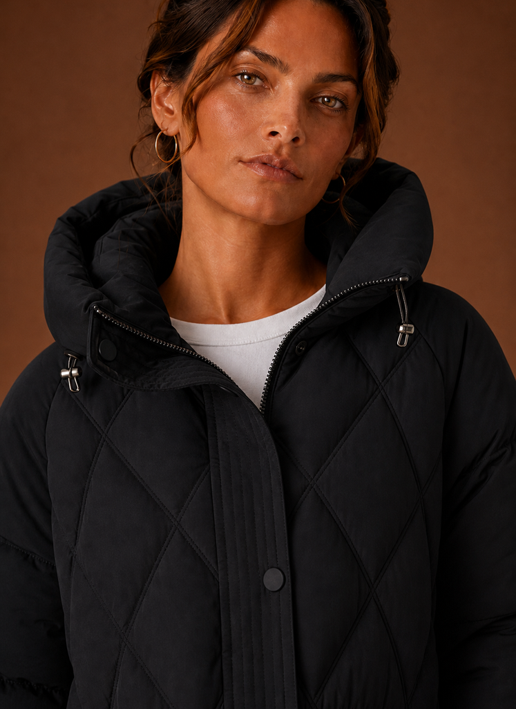 Dame Puffer Jakke - Hætte Langline Diamant Quiltning | Areleon