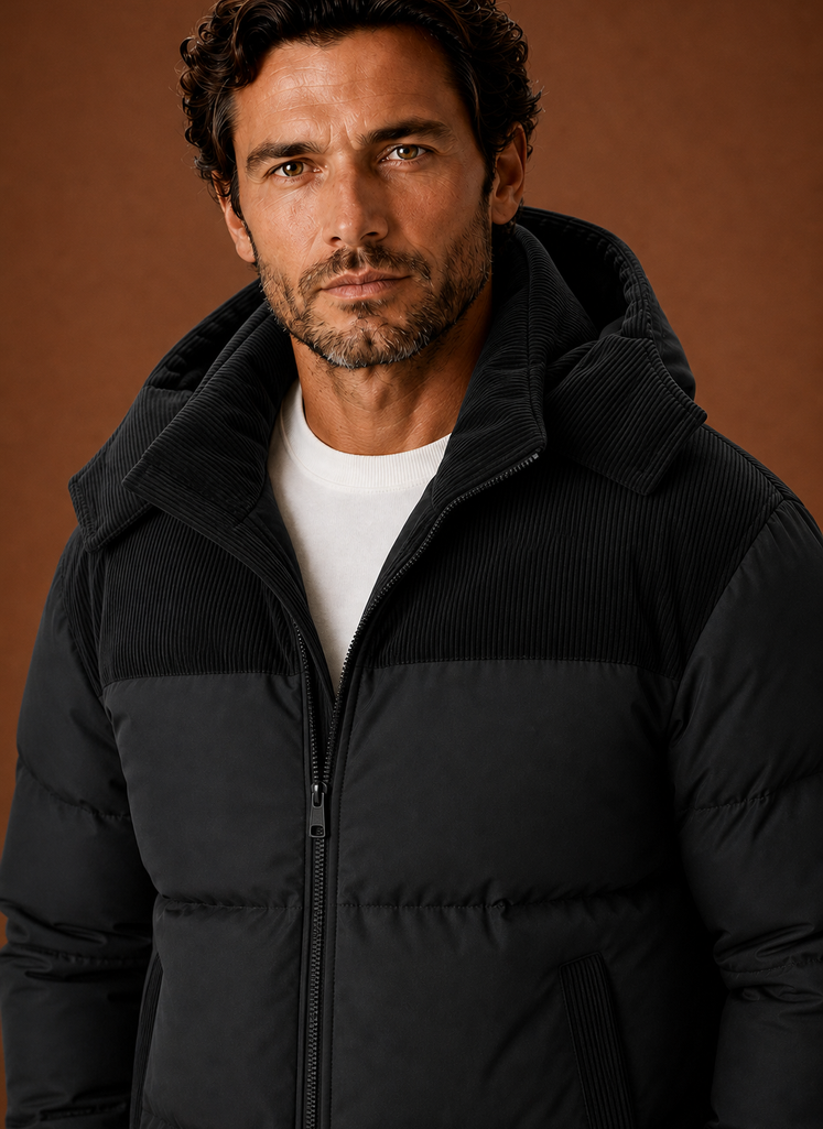 Herre Hooded Vinter Puffer Jakke med Corduroy Krave | Areleon