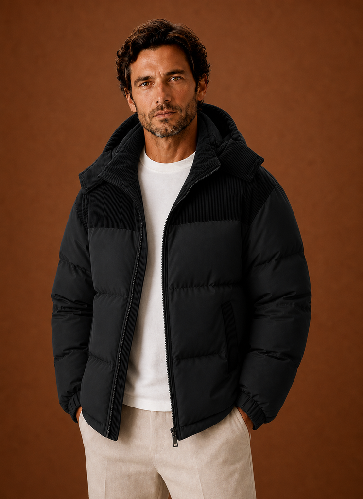 Herre Hooded Vinter Puffer Jakke med Corduroy Krave | Areleon