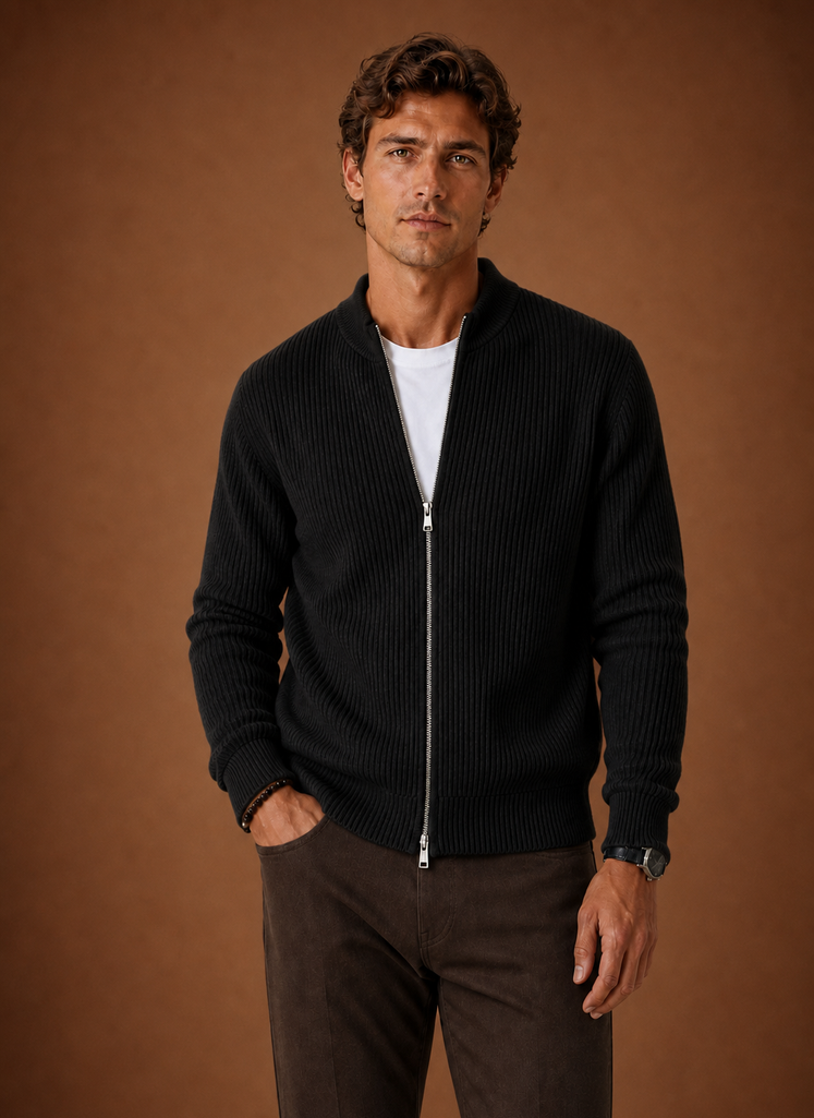Herre Full Zip Strik Cardigan Sweater Ribbet Zip-Up Jakke | Areleon