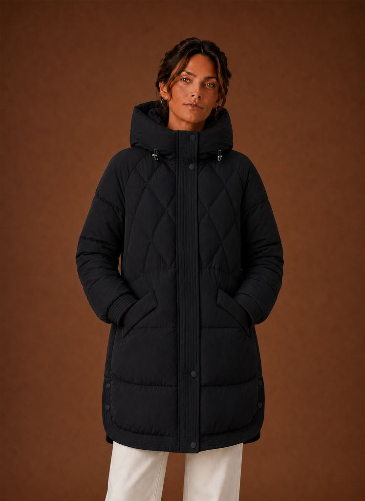 Dame Puffer Jakke - Hætte Langline Diamant Quiltning | Areleon