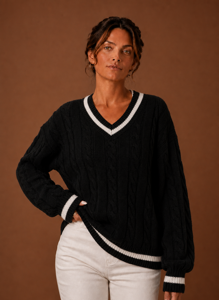 Kvinders Kabelstrikket Sweater - V-Hals Langærmet Pullover | Areleon
