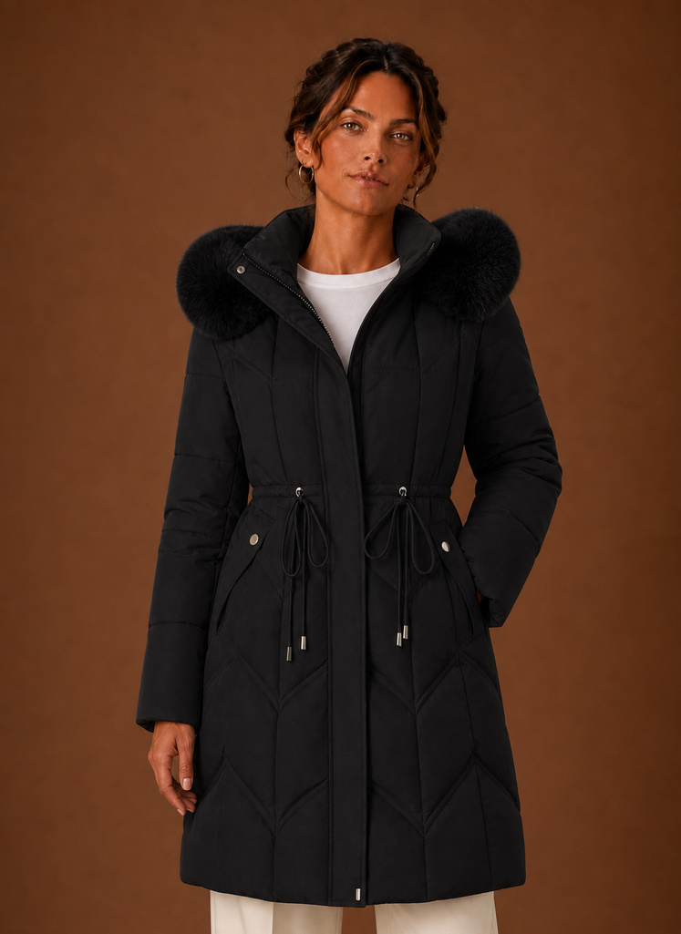 Kvinders Pufferjakke - Lang Vinterjakke med Falsk Pels Hætte | Areleon