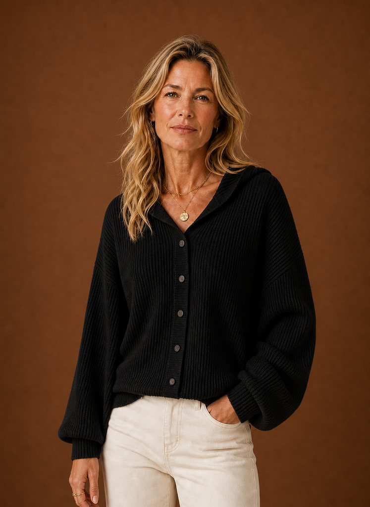 Dame Strikket Cardigan - Ribbet Hætteknap Sweater | Areleon