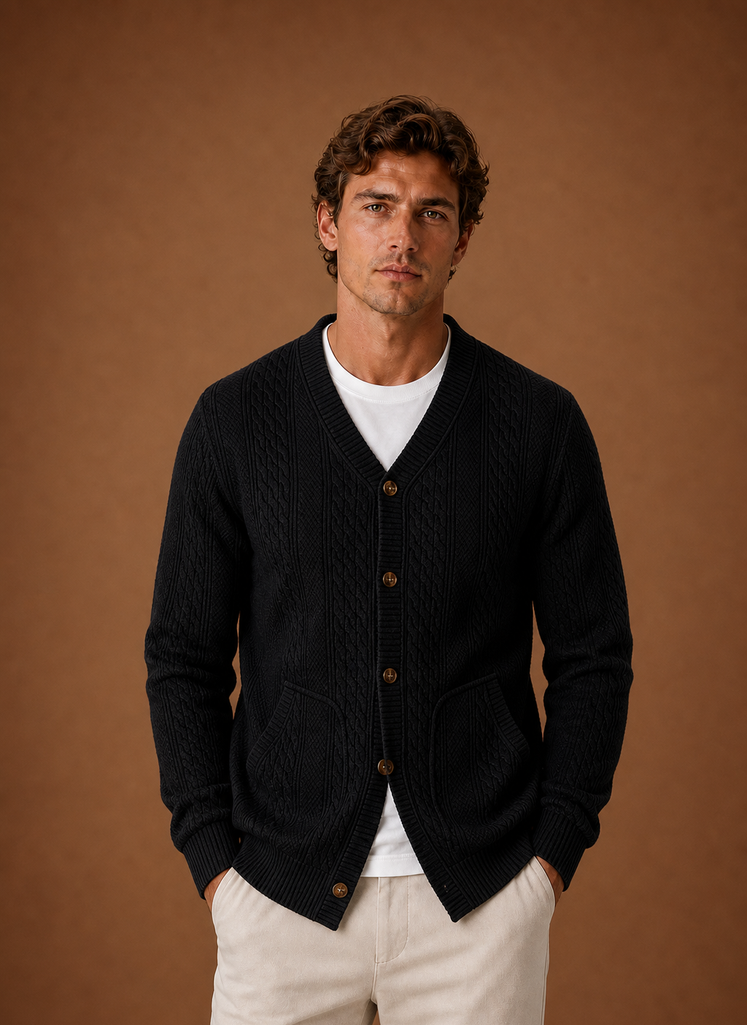 Herre Kabelstrikket Cardigan - V-Hals Knap Front Sweater | Areleon