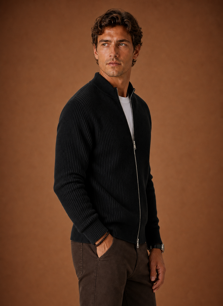 Herre Full Zip Strik Cardigan Sweater Ribbet Zip-Up Jakke | Areleon