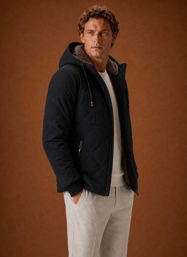 Herre Quilted Puffer Jakke - Hættefyldt Faux-Fur Foret Vinterjakke | Areleon