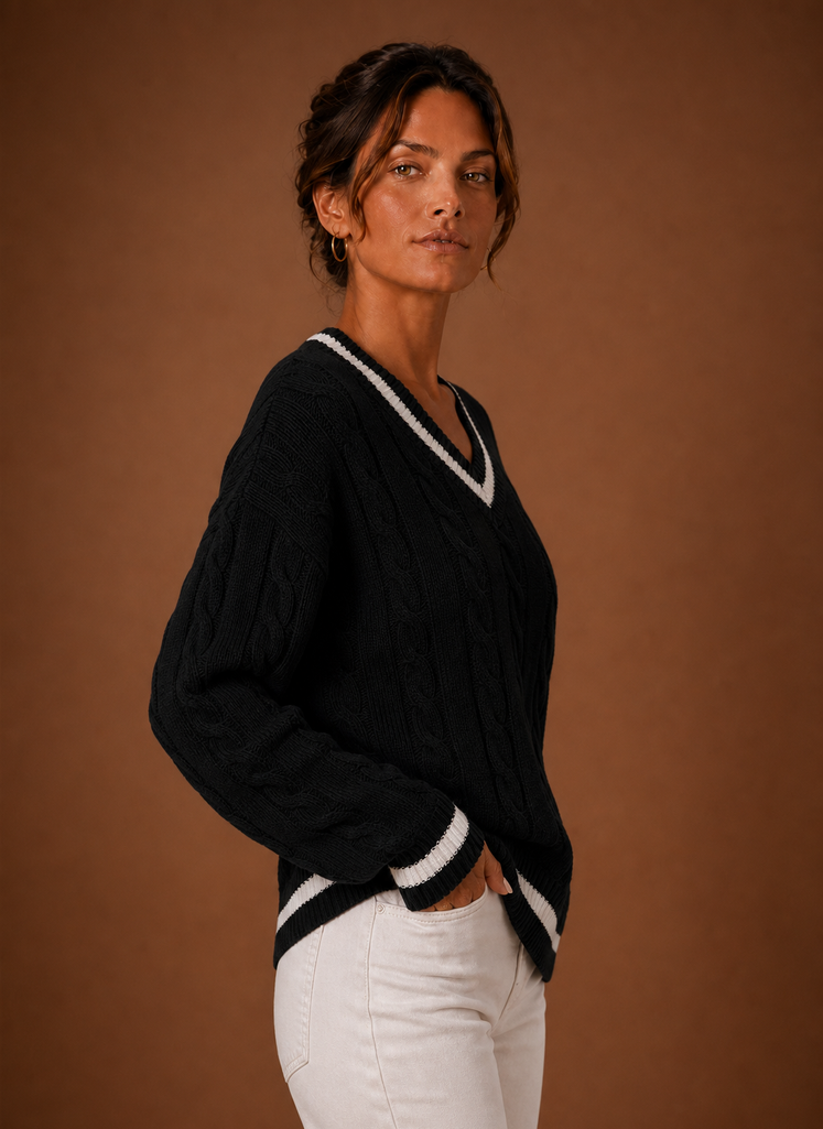 Kvinders Kabelstrikket Sweater - V-Hals Langærmet Pullover | Areleon