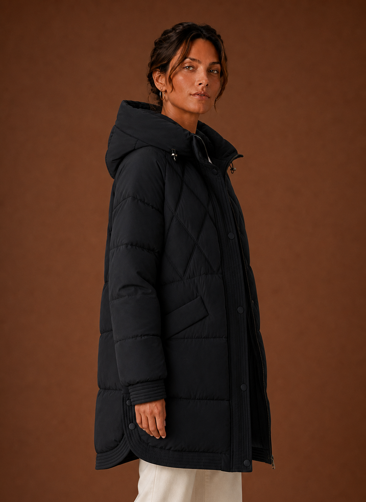 Dame Puffer Jakke - Hætte Langline Diamant Quiltning | Areleon
