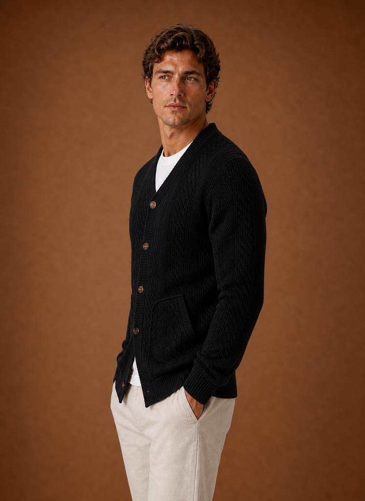 Herre Kabelstrikket Cardigan - V-Hals Knap Front Sweater | Areleon